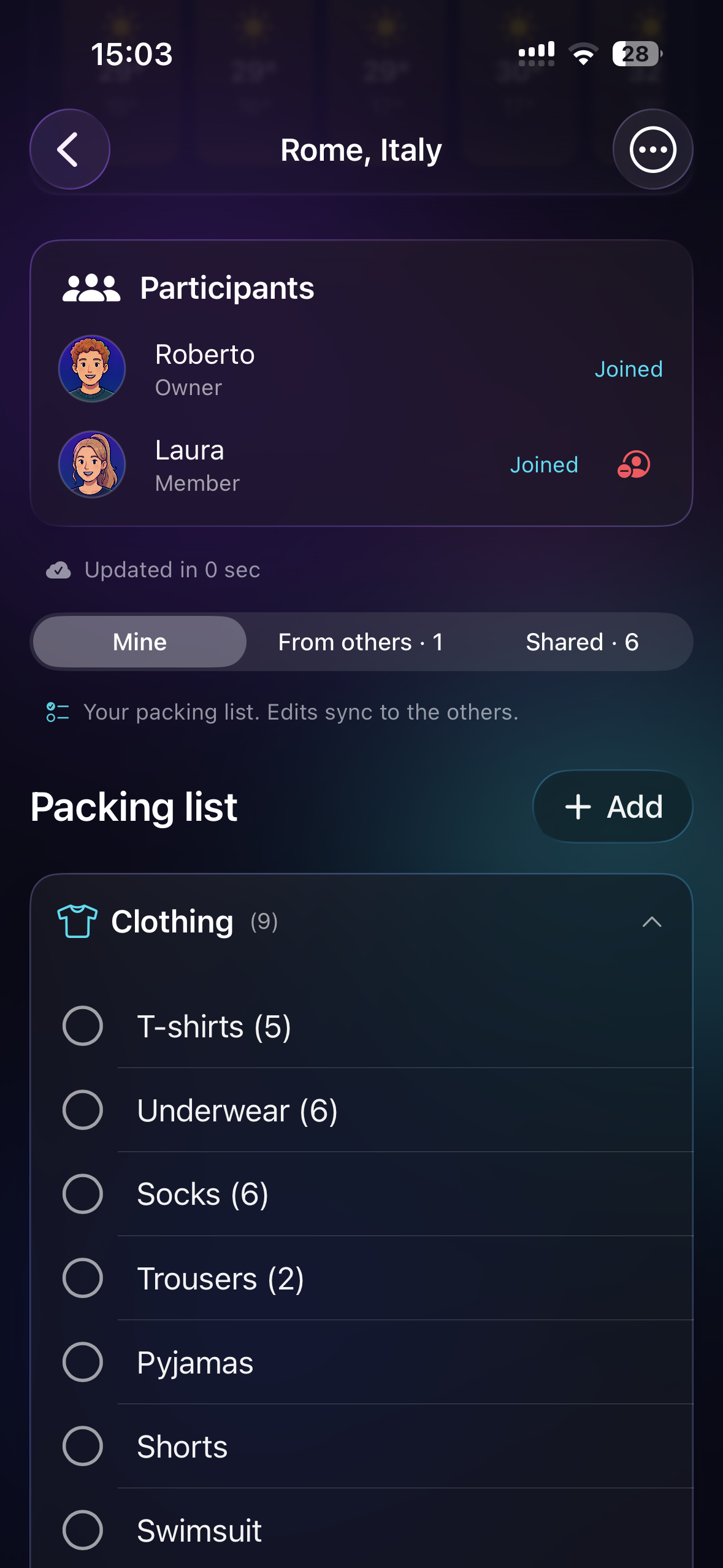Packwave app — My Trips screen with shared trip to Palermo