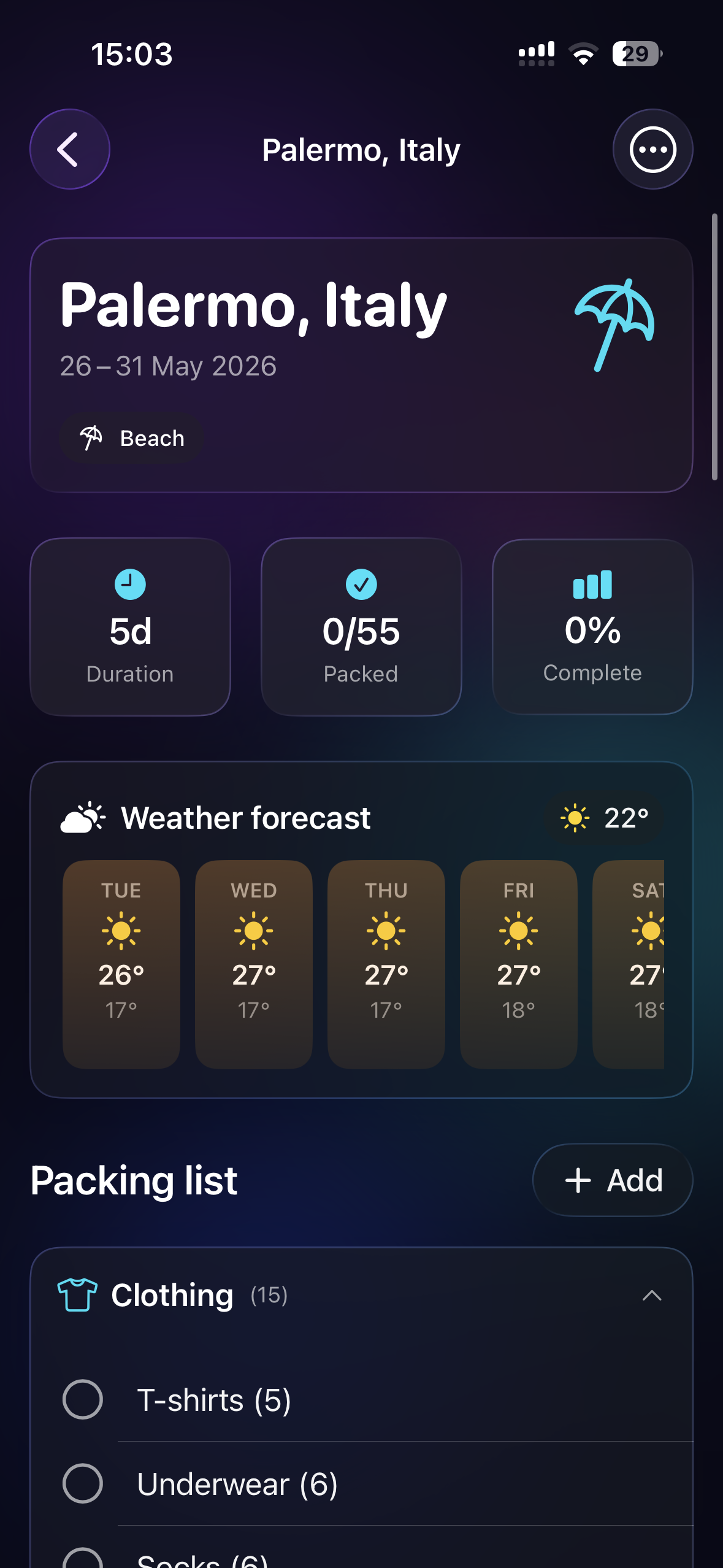 Packwave app — My Trips screen showing a trip to Palermo with progress tracking
